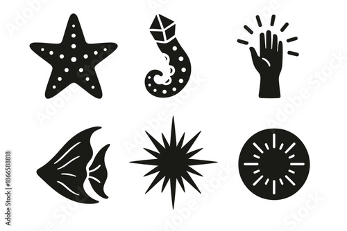 Mystical Sea Icons. Solid style icons of mystical sea life in : starfish, prism tentacle, glowing arm, radiant spicule, ethereal