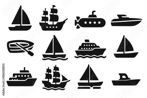 Seafaring Vessels Icons. Solid style icons of seafaring vessels: sailboat yacht, fishing boat galleon, submarine speedboat,
