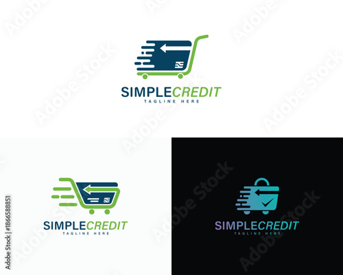 Shopping cart and hand bag logo design template with credit card. Digital Payment logo.