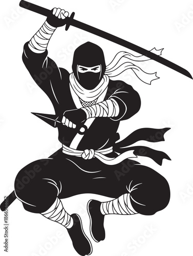 Dynamic ninja warrior in action pose with katana a striking silhouette