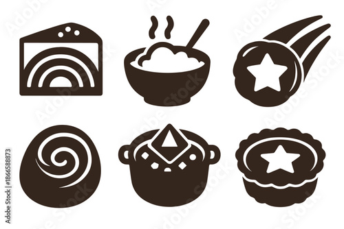 Fantastical Food Icons. Solid style icons of fantastical dishes: cake rainbow, soup cloud, pie comet, bread spiral, stew prism,