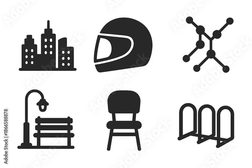 Urban Exploration Icons. Solid style icons of urban exploration: city skyline, scooter helmet, subway map, street lamp bench,