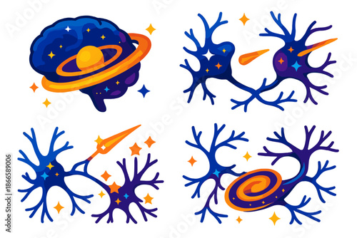 Galactic Neuron Galaxy. Isometric vector illustration set Galactic Maps for Neural Pathways: brain neurons forming a miniature