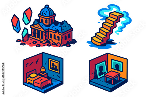 Forgotten Memories Architecture. Isometric vector illustration set Architectural Models of Forgotten Memories: decayed palace