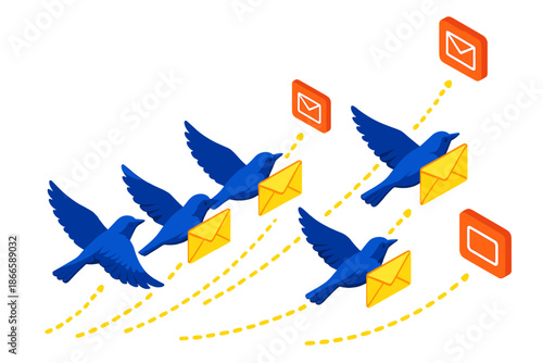 Bird Migration Email. Isometric vector illustration set Bird Migration as Email Routing: flock of birds carrying glowing envelopes