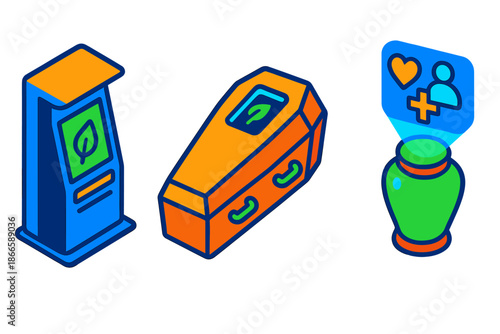 Eco-Friendly Funeral Tech. Isometric vector illustration set Sustainable Funeral Tech Interfaces: digital remembrance kiosk with