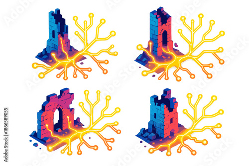 Ruins as Neural Pathways. Isometric vector illustration set Architectural Ruins as Neural Pathways: crumbling towers forming