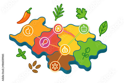 Culinary Flavor Map. Isometric vector illustration set Cartography of Culinary Flavor Palettes: map with regions shaped like