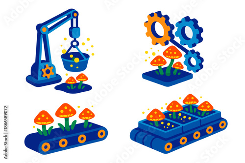Clockwork Fungi Cultivation. Isometric vector illustration set Clockwork Mechanisms Cultivating Bioluminescent Fungi: miniature