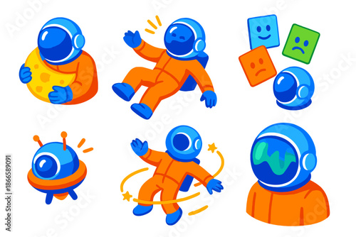 Tidal Emotions in Space. Isometric vector illustration set Tidal locking emotions for astronauts: astronaut hugging moon-shaped