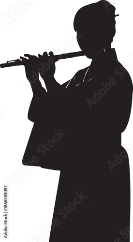 A musician playing a flute in a striking black silhouette
