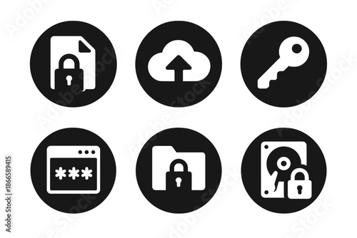 Digital Security Icons. Solid style round vector icons of digital safety: locked document, cloud backup, authentication key,