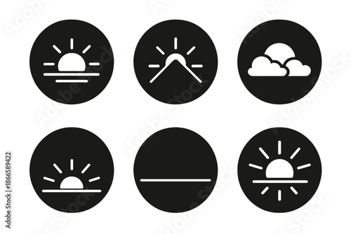 Sunrise Icon Collection. Solid style round vector icons of sunrise moments: rising sun, mountain silhouette, clouds, early light,