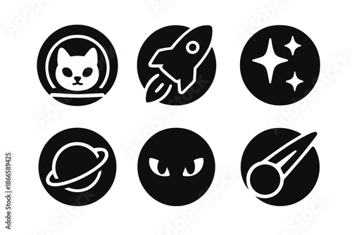 Astronaut Cat Icons. Solid style round vector icons of astronaut feline: cat face in helmet, rocket, stars, planet ring, glowing