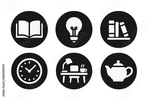 Peaceful Study Icons. Solid style round vector icons of peaceful study: open pages, light bulb, shelf with books, cozy desk, clock