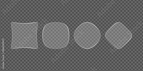 Realistic transparent glass geometric shapes set. Glossy liquid crystal buttons and frames for UI design glassmorphism style.