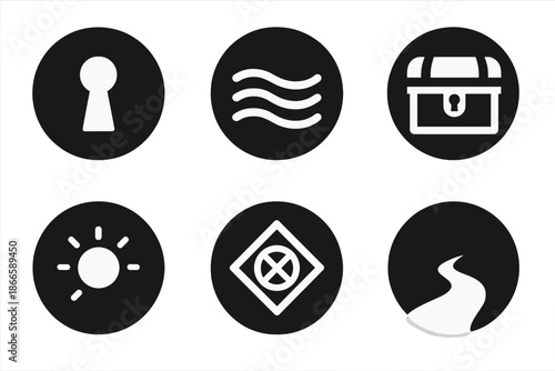 Secrecy Symbols Collection. Solid style round vector icons of secrecy and revelation: keyhole, mist wave, locked chest, faint glow