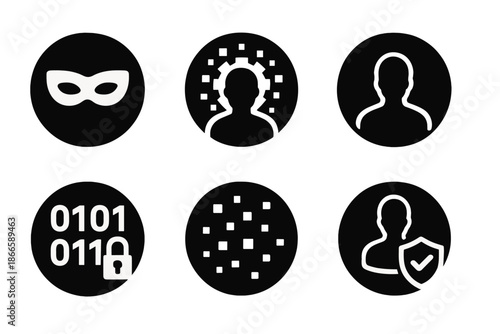 Cyber Identity Icons. Solid style round vector icons of identity in cyberspace: data mask, pixel aura, profile shadow, encrypted