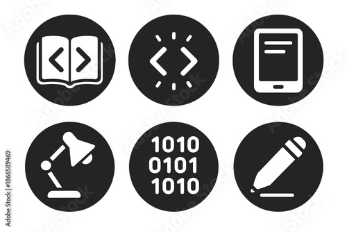 Online Study Icons. Solid style round vector icons of online study: coding manual, glowing brackets, tablet, study lamp, binary