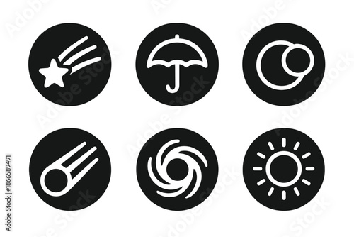 Celestial Safety Icons. Solid style round vector icons of celestial safety: shooting star, umbrella, eclipse, black hole, comet,