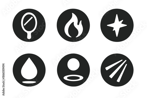 Transformation Icons. Solid style round vector icons of transformation and reflection: mirror, flame, spark, droplet, shadow,
