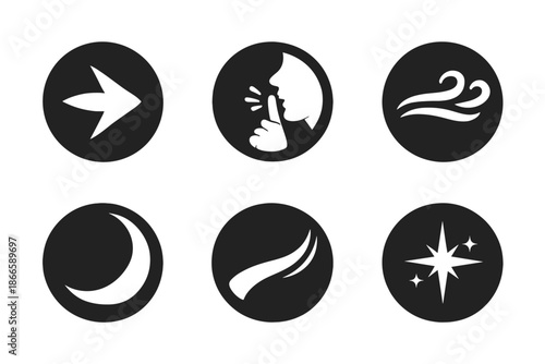 Silent Strength Icons. Solid style round vector icons of silent strength: arrowhead, whisper, wind line, shadow, curve, glow No