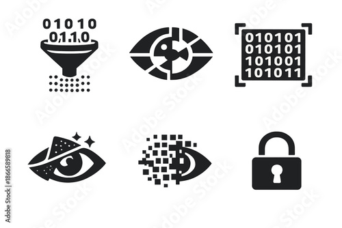 Visual Encryption Icons. Solid style icons of visual encryption: data filter, segmented view, coded frame, light layer, pixel mask