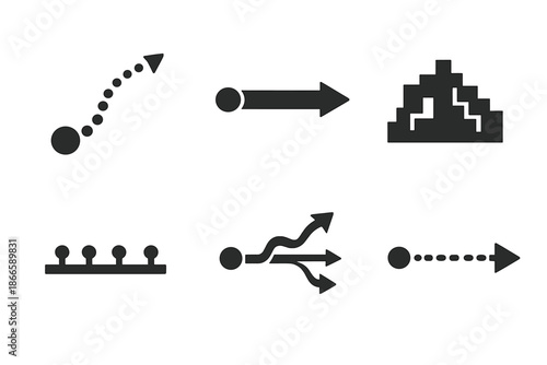 Stylized Motion Icons. Solid style icons of structured motion: dotted trail, straight beam, layered skyline, timeline mark,