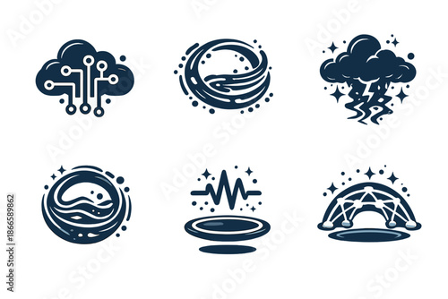 Smart Atmosphere Icons. Solid style icons of smart atmosphere: cloud circuit, data current, electric mist, wave ring, hovering
