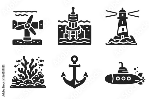 Ocean Energy Icons. Solid style icons of Ocean Energy: turbine, wave generator, coral reef, lighthouse, anchor, submarine No text,