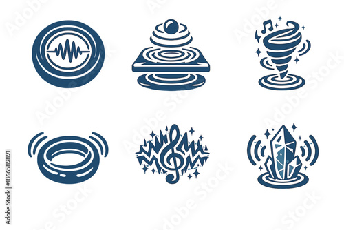 Sonic Energy Icons. Solid style icons of Sonic Energy: waveform disk, resonance plate, tone spiral, bass ring, treble pulse, echo