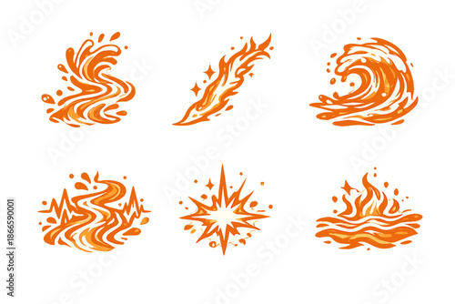 Dynamic Energy Icons. Solid style icons of Dynamic Energy: flowing stream, ember line, fluid wave, glowing spark, river pulse,