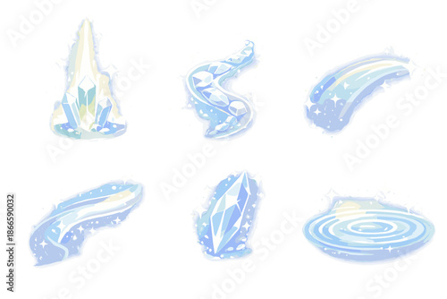 Subtle Crystal Icons. Solid style icons of Subtle Radiance: crystal beam, quartz thread, gentle arc, flowing light, reflective