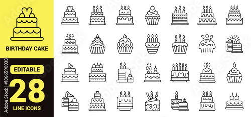 A collection of line art icons depicting birthday celebrations including cakes balloons and party favors birthday cake