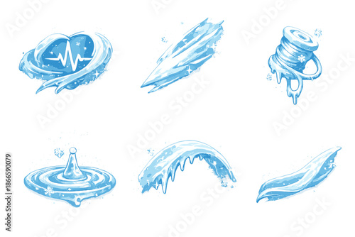 Silent Rhythm Icons. Solid style icons of Silent Rhythm: pulse veil, snow streak, frozen thread, icy ripple, chill arc, soft line