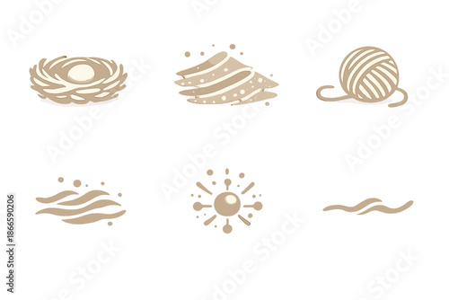 Calm Terrain Icons. Solid style icons of Calm Terrain: light nest, sand arc, soft thread, flowing ripple, luminous node, gentle