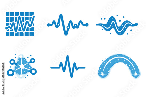 Visual Audio Icons. Solid style icons of Visual Audio: trace grid, sound lace, flowing line, glowing node, pulse thread, luminous