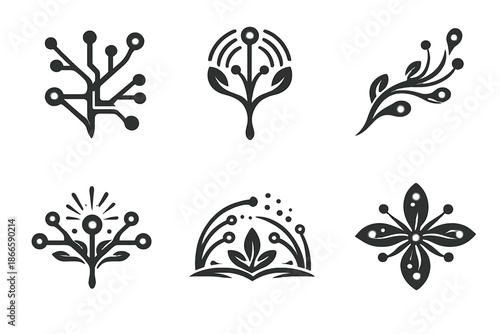 Bio-Tech Icon Set. Solid style icons of Bio-Integrated Tech: branch grid, signal bloom, flowing thread, luminous node, data arc,