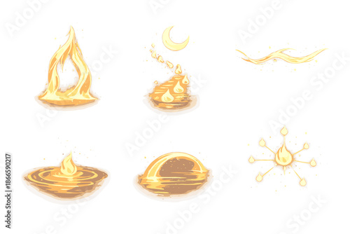 Gentle Flame Icons. Solid style icons of Gentle Flame: fire veil, moon path, luminous thread, soft ripple, reflective arc, radiant