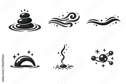 Calm Motion Icons. Solid style icons of Calm Motion: stone pulse, mist trail, flowing line, soft arc, grounded thread, luminous