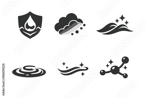 Iconic Gentle Peaks. Solid style icons of Gentle Peaks: drop crest, cloud fade, flowing arc, soft ripple, luminous line, airy node