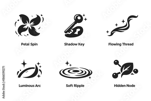 Graceful Motion Icons. Solid style icons of Motion Grace: petal spin, shadow key, flowing thread, luminous arc, soft ripple,