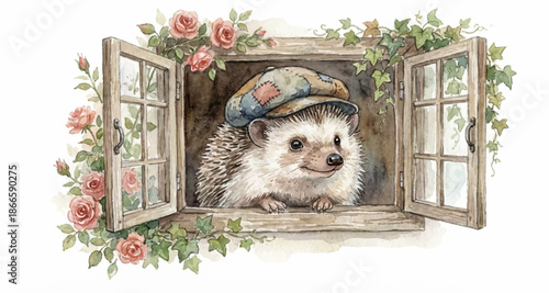 Cute hedgehog looking out of open wooden window. Small animal vector character wears vintage patchwork flat cap. Pink roses and green ivy vines decorate rustic window frame. Whimsical storybook style 