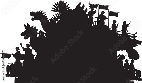Tropical parade with dinosaur and people in a striking silhouette