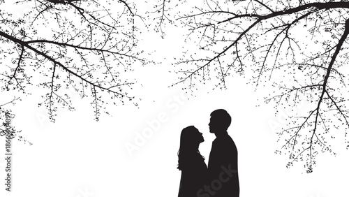 Couple embracing beneath bare branches against a bright sky silhouette