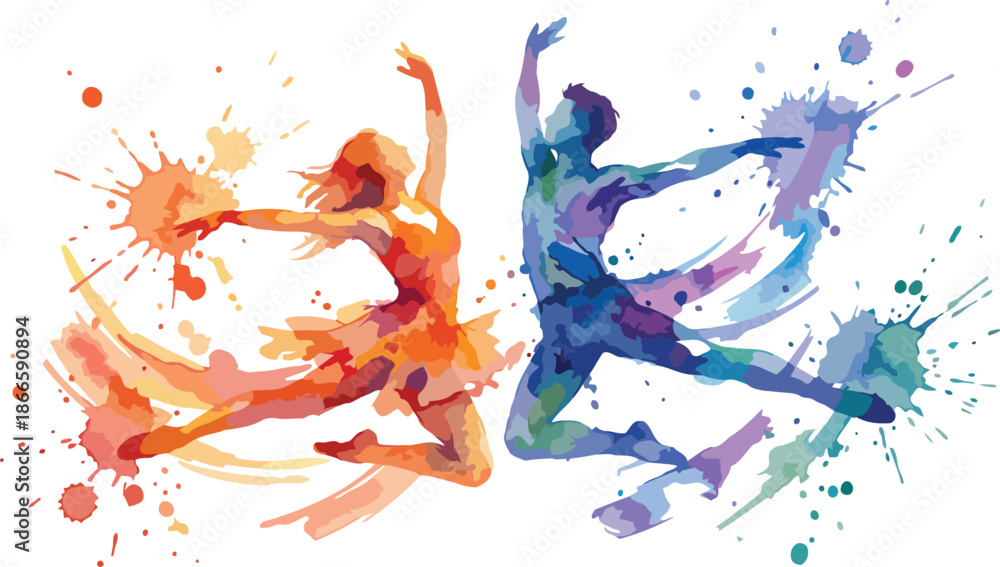 Obraz premium Expressive watercolor dancers dynamic splash art fire and ice couple performing abstract ballet movement