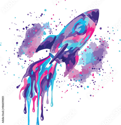Watercolor rocket flying colorful cosmos vibrant space exploration creative graphic design vector