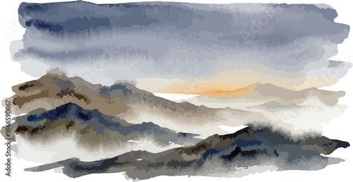 Artistic watercolor illustration of atmospheric mountain vista under stormy sky at sunrise time