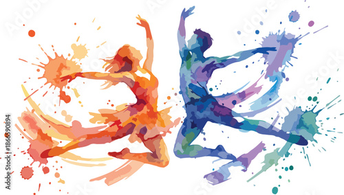 Expressive watercolor dancers dynamic splash art fire and ice couple performing abstract ballet movement