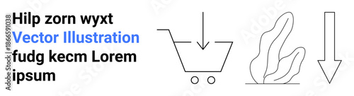E-commerce, downloading, digital interaction, app interface, online shopping, modern icons. Minimalist shopping cart, arrow abstract shape placeholder text. E-commerce and downloading concepts
